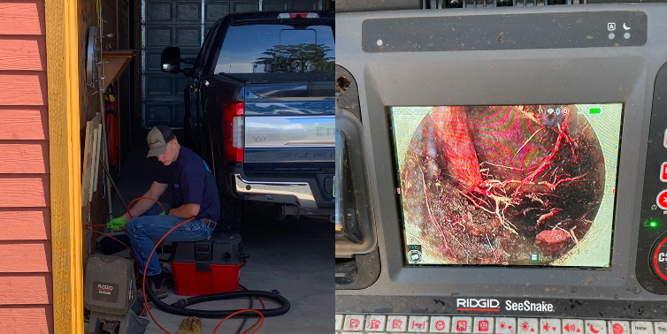 Dual image where the right side features a Renew Plumbing employee inspecting a drain and the right side features a close up of the camera tool displaying the root block.